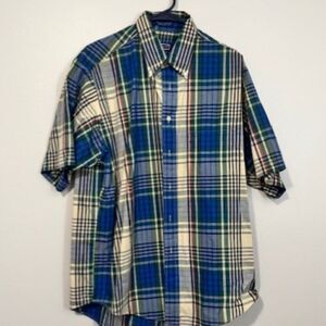 USED Men's Savile Row Shirt Sleeve Button Down Shirt Color Blue/Yellow Size L